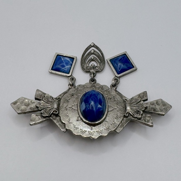 VINTAGE Blue Marbled Stone Dangle Brooch - Picture 5 of 10